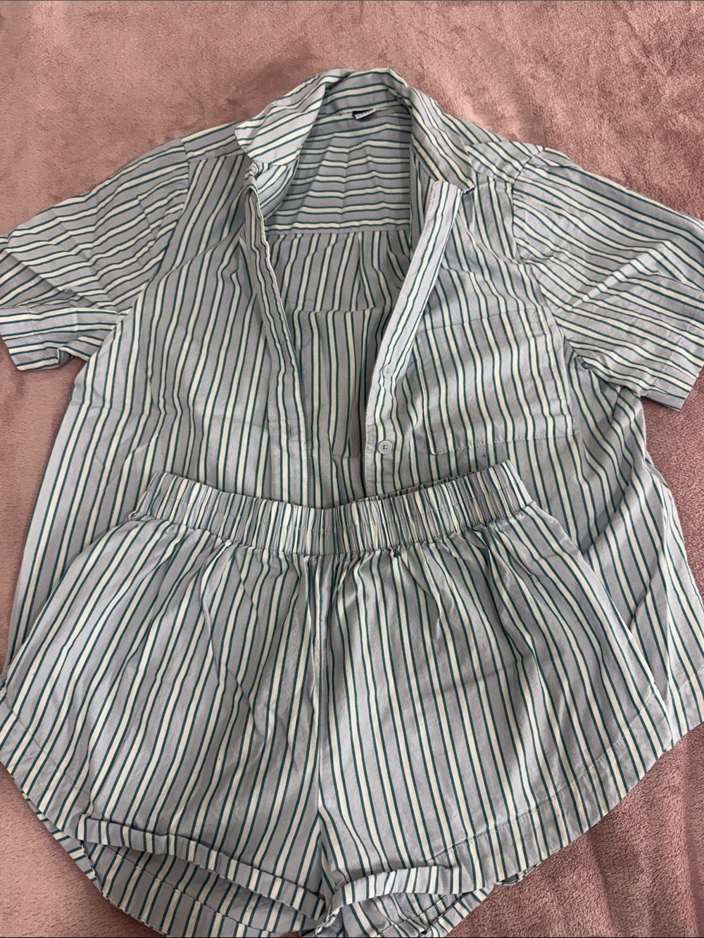 Old Navy White & Blue Vertical Stripe Button-Down Top Pajama Set